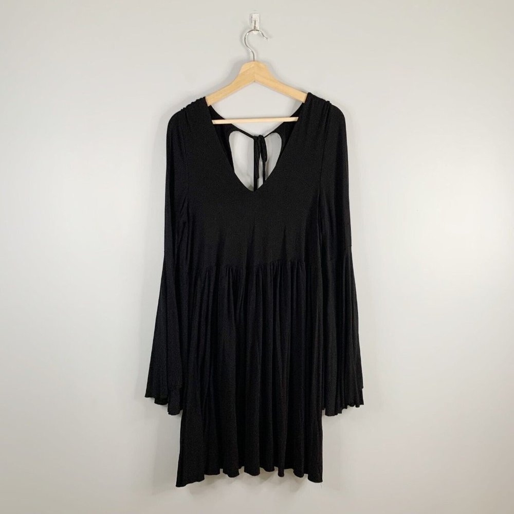 Free People FP Beach Camilla Black Bell Sleeve Babydoll Mini Dress Long Large L